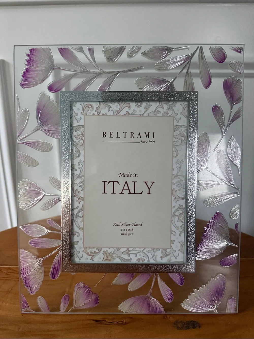 Beltrami Made in Italy Silver Plated Ornate Floral 5 x 7 Portrait Photo Frame